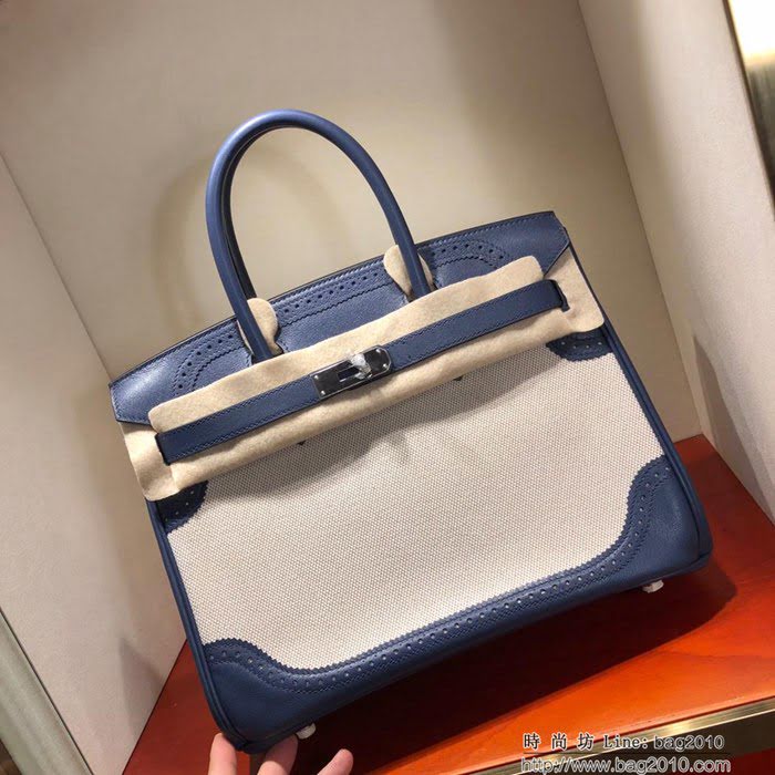 HERMES愛馬仕 鉑金包 Birkin Ghillies 30Cm Swif拼Tc 73 Blue Saphir 寶石藍 銀扣 頂級工藝 手縫蠟線 時尚手提包  Ama1597